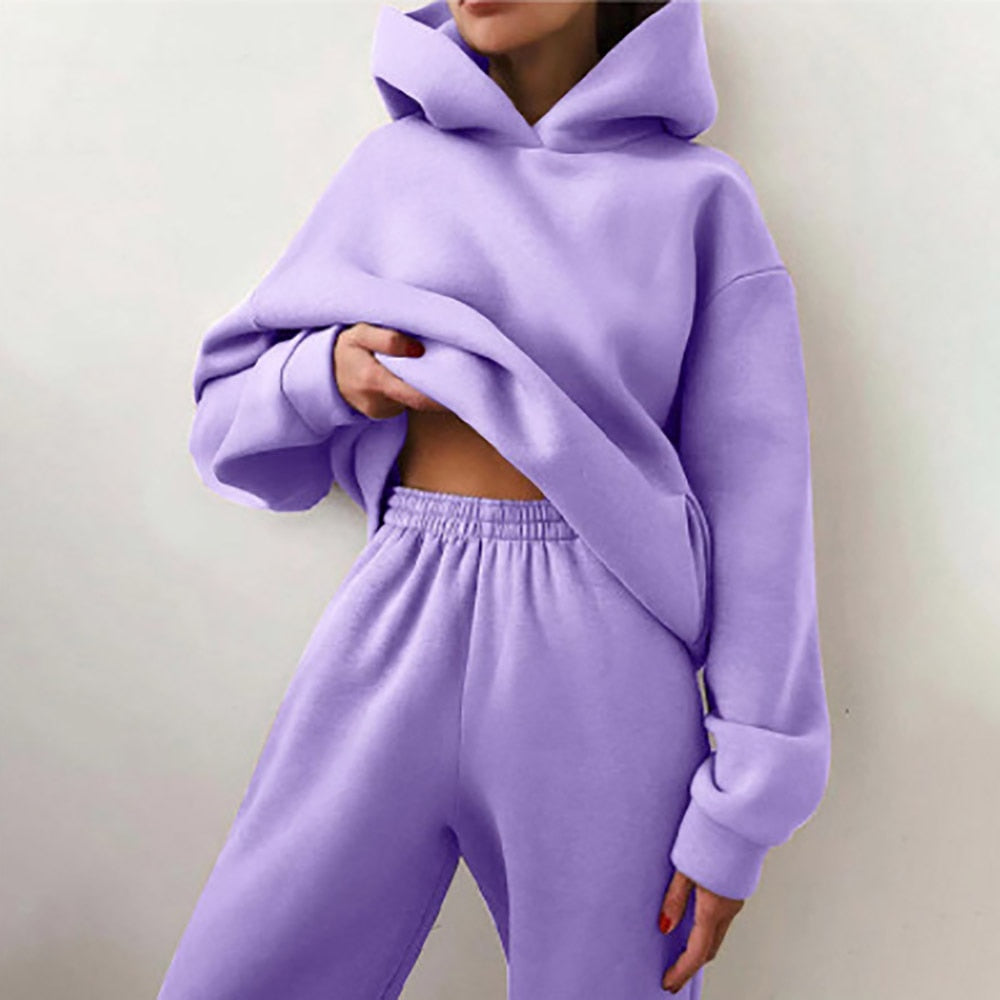 Women Tracksuit Casual Fitness Hooded Long Sleeve Sport Suit Autumn Winter Warm Hoodie Sweatshirts Long Pant Fleece 2 Piece Sets